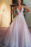 Spaghetti Straps V-neck Long Tulle Wedding Dress Prom Dress with Appliques PFW0188