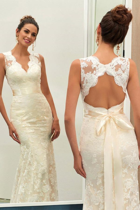 Charming Ivory V Neck Lace Sheath Open Back Wedding Dress With Sashes PFW0190