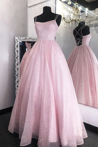 Promfast Pink Tulle Sequin Long Cross Back Prom Dresses Evening Dress PFP1856