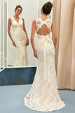 Charming Ivory V Neck Lace Sheath Open Back Wedding Dress With Sashes PFW0190