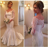 White Satin V-Neck 3/4 Sleeves Buttons Mermaid Wedding Dress With Lace PFW0191