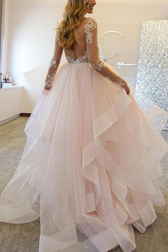 Elegant A-Line Long Sleeves Tulle Backless Pink Wedding Dresses With Appliques PFW0192