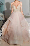 Elegant A-Line Long Sleeves Tulle Backless Pink Wedding Dresses With Appliques PFW0192