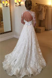 Elegant Lace A-line Long Sleeves High Neck Open Back Wedding Dresses PFW0193
