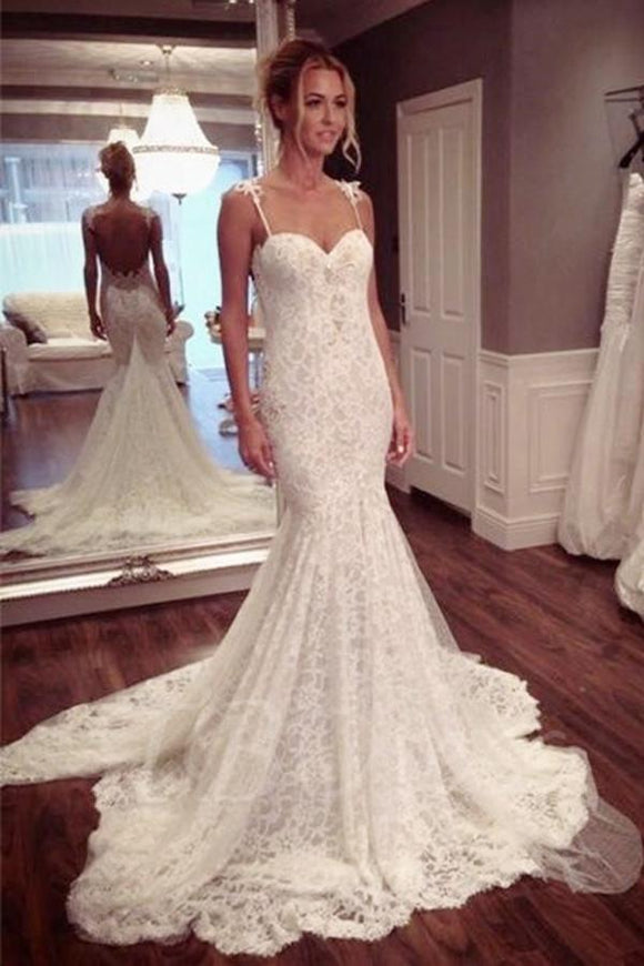 Sexy Long Strap Sweetheart Backless Mermaid Lace Wedding Dresses PFW0194