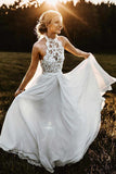 Simple A-Line Halter Sleeveless Chiffon Long Beach Summer Wedding Dress with Lace