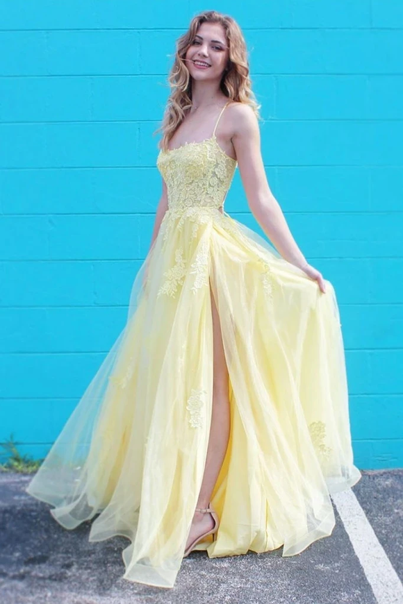 Promfast Yellow Spaghetti Straps Appliques Tulle A Line Prom Dresses Evening Dress PFP1857