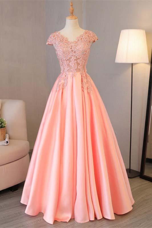 Blush Pink A Line Cap Sleeves Appliques Beaded Long Prom Dresses
