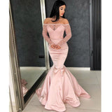Off the Shoulder Long Sleeves Mermaid Lace Top Pink Long Prom Dresses PFP0010