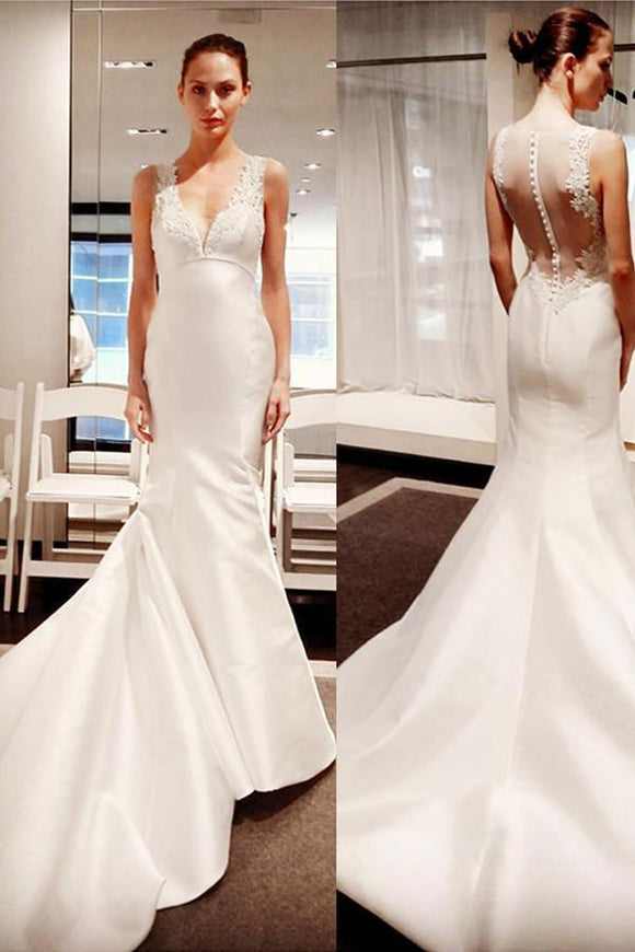 Sleeveless Button Mermaid Gorgeous V-Neck Satin Wedding Dress With Lace Appliques PFW0196