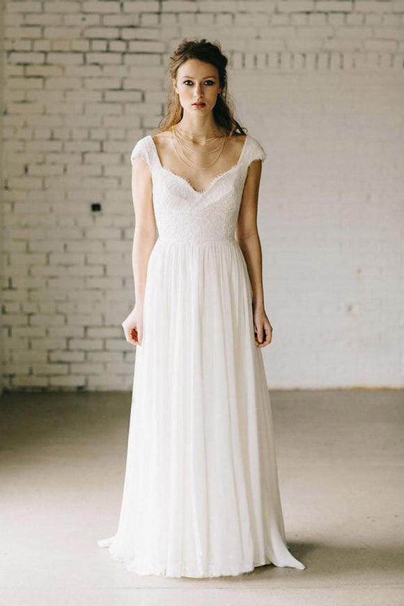 A-Line Ivory Lace Cap Sleeve Vintage Chiffon Wedding Dresses,V neck Bridal Dress PFW0197