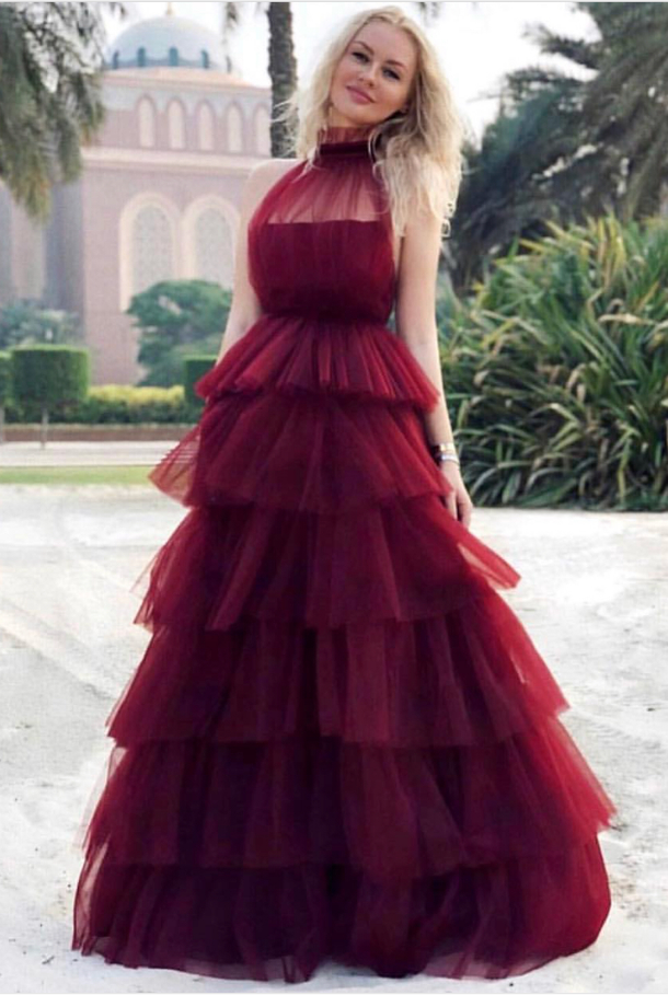 Burgundy Tulle Tiered High Neck Long Elegant Prom Dresses PFP0032 Promfast Burgundy Tulle Tiered High Neck Long Elegant Prom Dresses PFP0032 Promfast