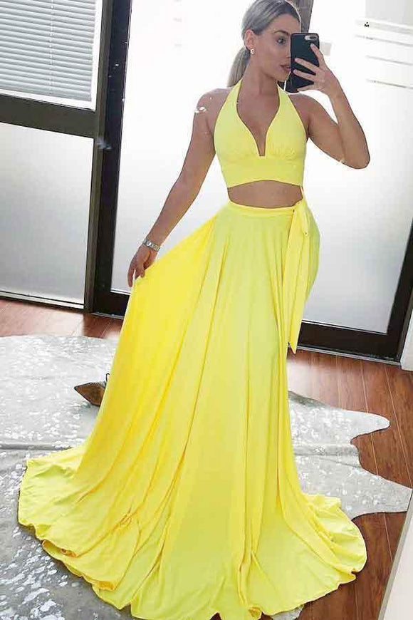Two Piece A Line Yellow Cheap Long Prom Dress Sexy Formal Evening Dress PFP0033