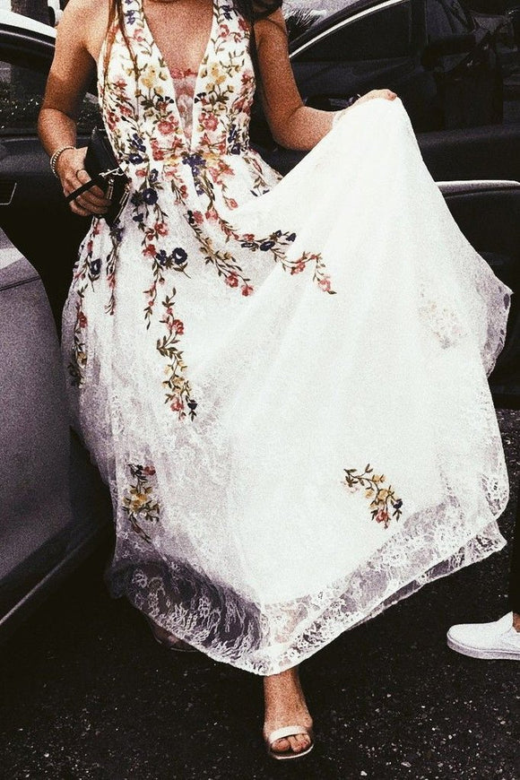 Charming Long Floral Lace Prom Dress A Line V Neck Cheap Wedding Dress