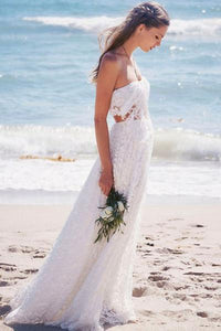 Simple Strapless Lace Long White Beach Wedding Dresses PFW0200
