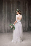 Spaghetti Straps Backless Grey Tulle Long Wedding Dresses With Lace Applique PFW0202
