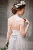 Spaghetti Straps Backless Grey Tulle Long Wedding Dresses With Lace Applique PFW0202