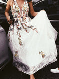 Charming Long Floral Lace Prom Dress A Line V Neck Cheap Wedding Dress PFW0316