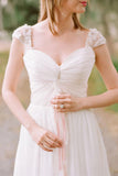 Elegant Cap Sleeve Long Chiffon Sweetheart Pleat Beach Wedding Dress PFW0203