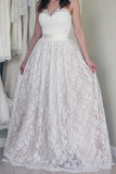 Sweetheart Sleeveless Long White Lace A Line Wedding Dress with Belt PFW0205