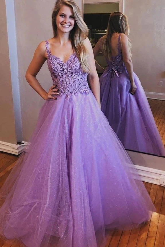Promfast Purple A Line Tulle Appliques Lace Up Back Prom Dresses Formal Evening Dress PFP1860