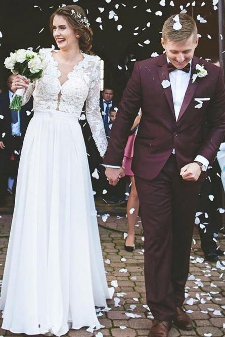 Modest A-Line Lace Appliques Long Sleeves Chiffon Elegant Wedding Dress