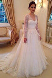 A-line V-neck Long Sleeves Court Train Tulle Wedding Dress With Lace Appliques PFW0207