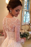 A-line V-neck Long Sleeves Court Train Tulle Wedding Dress With Lace Appliques PFW0207