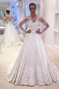 White A Line V Neck Long Sleeves Appliques Wedding Dresses With Sweep Train PFW0208