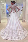 White A Line V Neck Long Sleeves Appliques Wedding Dresses With Sweep Train PFW0208