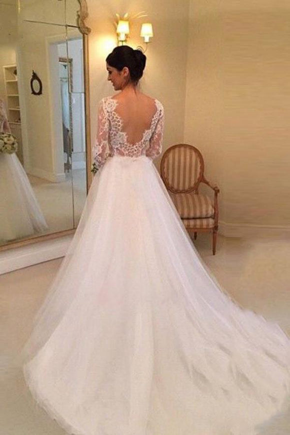 White A-line Long Sleeves Beading Lace Backless Court Train Wedding Dresses PFW0209