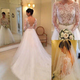 White A-line Long Sleeves Beading Lace Backless Court Train Wedding Dresses PFW0209