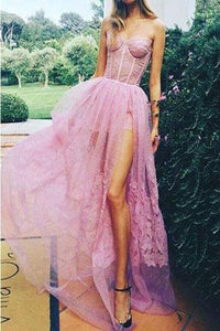 Sexy Pink Sweetheart Side Split Lace Appliques Pretty Long Prom Party Dress PFP0034