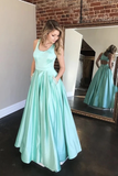 Promfast A-Line Long Mint Satin Beaded Prom Dresses With Pockets Evening Dress PFP1861