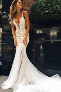 Sexy Mermaid Backless Long Tulle Wedding Dresses,White Beidal Dress PFW0212