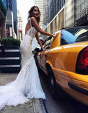 Sexy Mermaid Backless Long Tulle Wedding Dresses,White Beidal Dress PFW0212