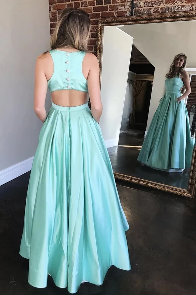 Promfast A-Line Long Mint Satin Beaded Prom Dresses With Pockets Eveni
