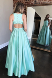 Promfast A-Line Long Mint Satin Beaded Prom Dresses With Pockets Evening Dress PFP1861