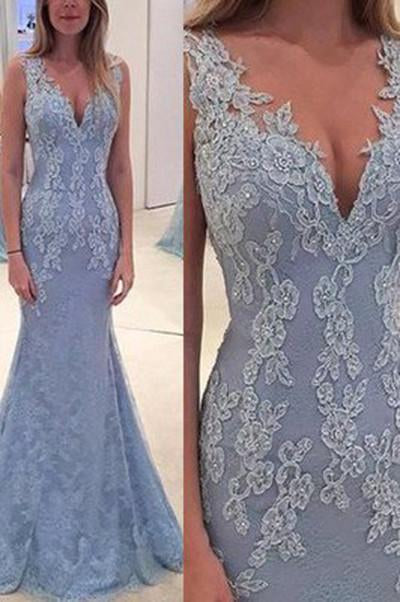 Elegant Lace Blue Long Mermaid Prom Dress, Charming Evening Party Gown PFP0996