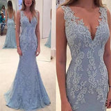 Elegant Lace Blue Long Mermaid Prom Dress, Charming Evening Party Gown PFP0996