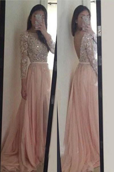Blush Pink Long Sleeves Lace Backless Prom Dresses, Long Evening Dress PFP0999