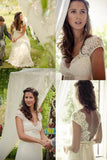 Elegant Cap Sleeve A Line V Back Cheap Long Lace Backless Wedding Dresses PFW0216