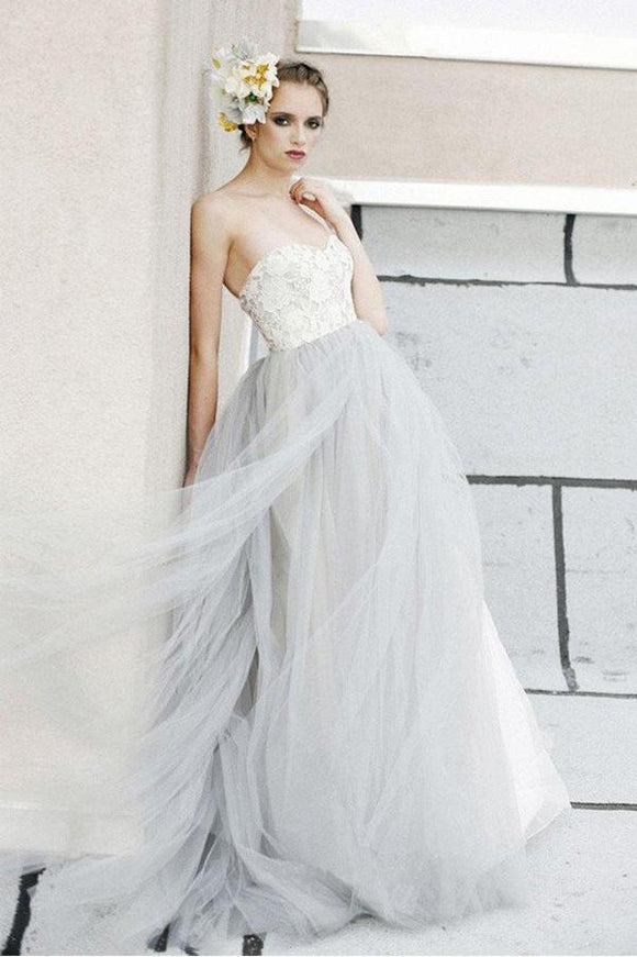 Sexy White Top A-line Lace Grey Tulle Strapless Sweetheart Neck Wedding Dresses PFW0217