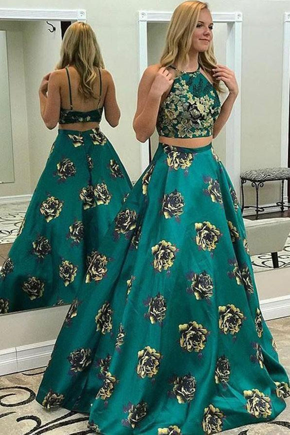 Two Piece A Line Floral Print Long Prom Dresses,Sexy Long Evening Dress PFP0035