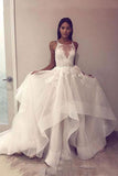 A Line Tulle Appliques Long Prom Dress Open Back Cheap Wedding Dress