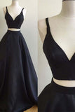 Simple Black Burgundy Satins V-neck Two Pieces A-line Prom Dresses PFP1003