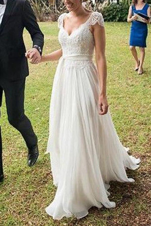 Unique Ivory Cap Sleeves Lace Top Backless Chiffon A Line Beach Wedding Dresses PFW0219