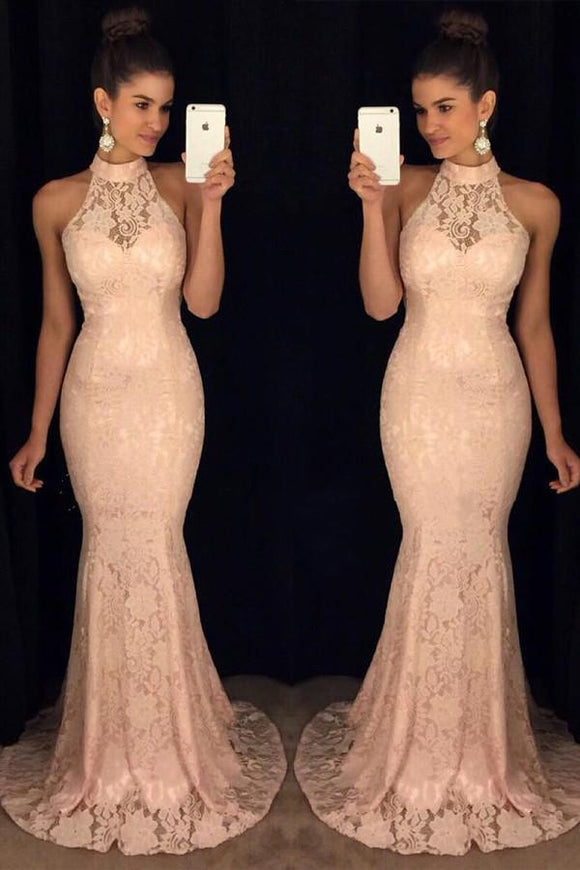 New Arrival Pink Lace High Neck Mermaid Prom Dresses PFP1005