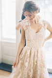 Pearl Pink A Line V-neck Sleeveless Floor-Length Tulle Wedding Dress With Lace Appliques PFW0220