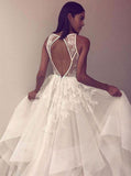 A Line Tulle Appliques Long Prom Dress Open Back Cheap Wedding Dress PFW0318